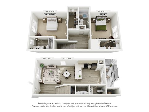 Floor plan for 2 beds, 2.5 baths, 1306 sqft